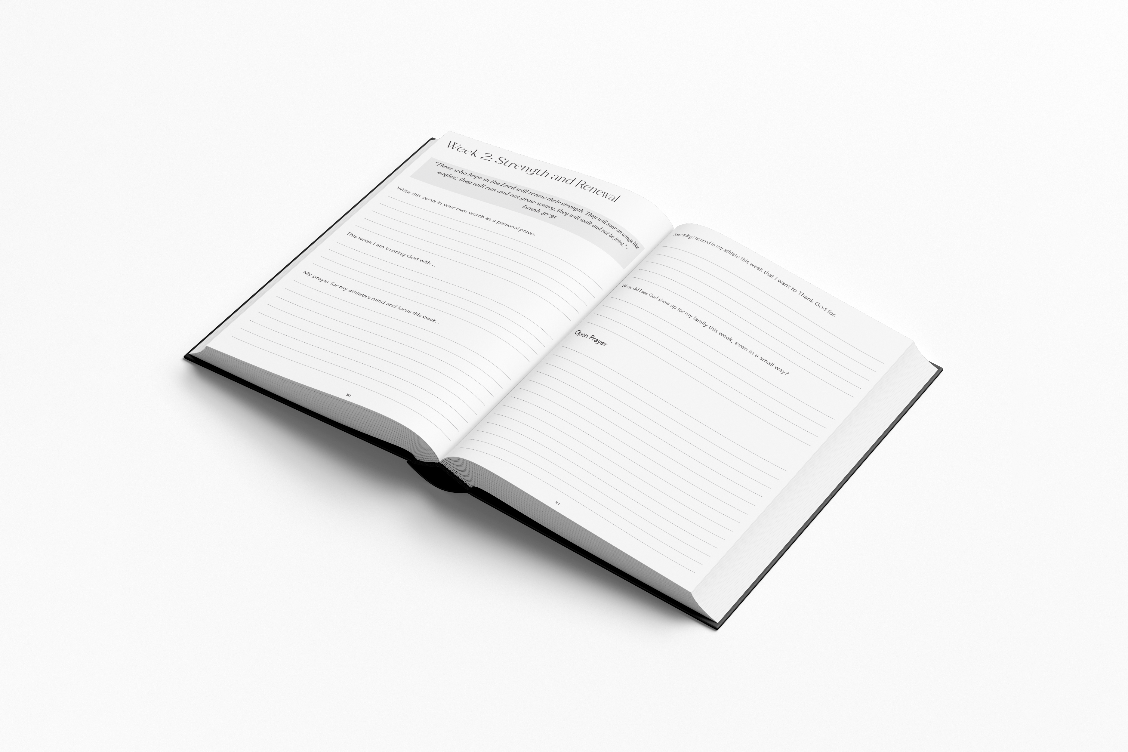 Open journal showing guided prayer pages